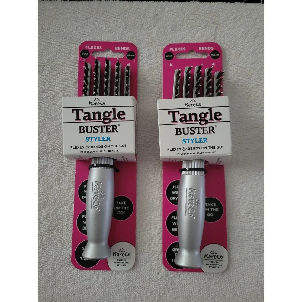 Lot of 2 KareCo Tangle Buster Styler Hair Brush Boar Nylon Bristle Silver BR1040